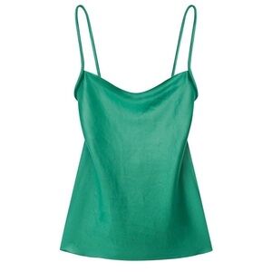 New NANUSHKA Neza Green Glossy Satin Top Camisole w/ Puffy Tubular Straps Size L